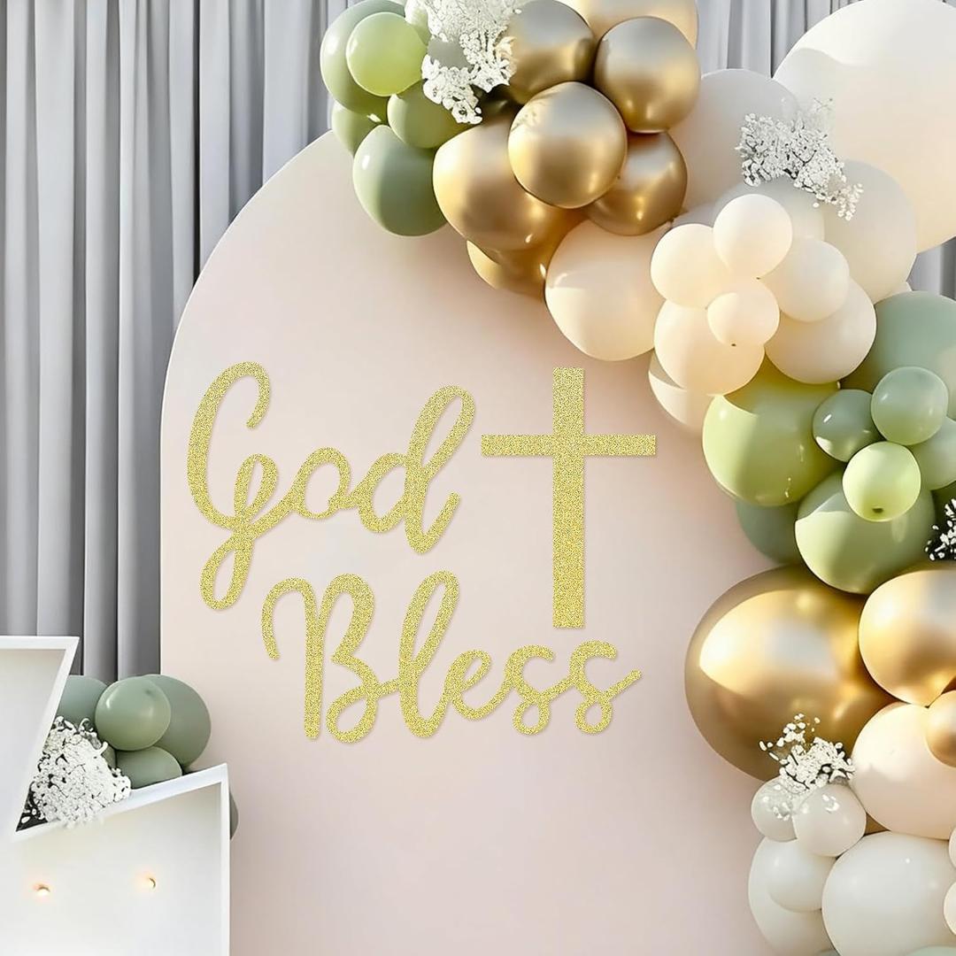 God Bless Cross Sign for Backdrop - Glitter Gold Felt Cross God Bless Baptism Party Backdrop for Boys Girls Baby Shower First Communion Confirmation Bautizo Decorations