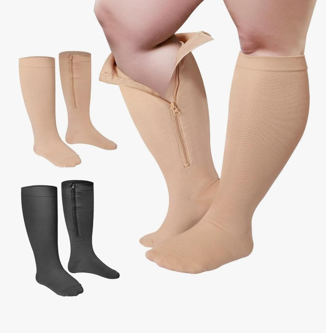 Hillban 2 Pair Wide Plus Size Calf Zipper Compression Socks 15 - 25 Mmhg for Overweight Women Men