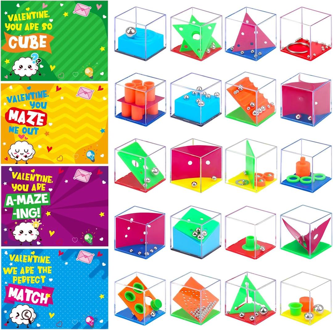 24 Pack Valentines Gifts for Kids Classroom - Mini 3D Brain Teaser Puzzles Cubes Funny Valentine Day Exchange Cards for Kids School Valentines Treat Party Favors for Class Boys Girls Fidget Toys Bulk