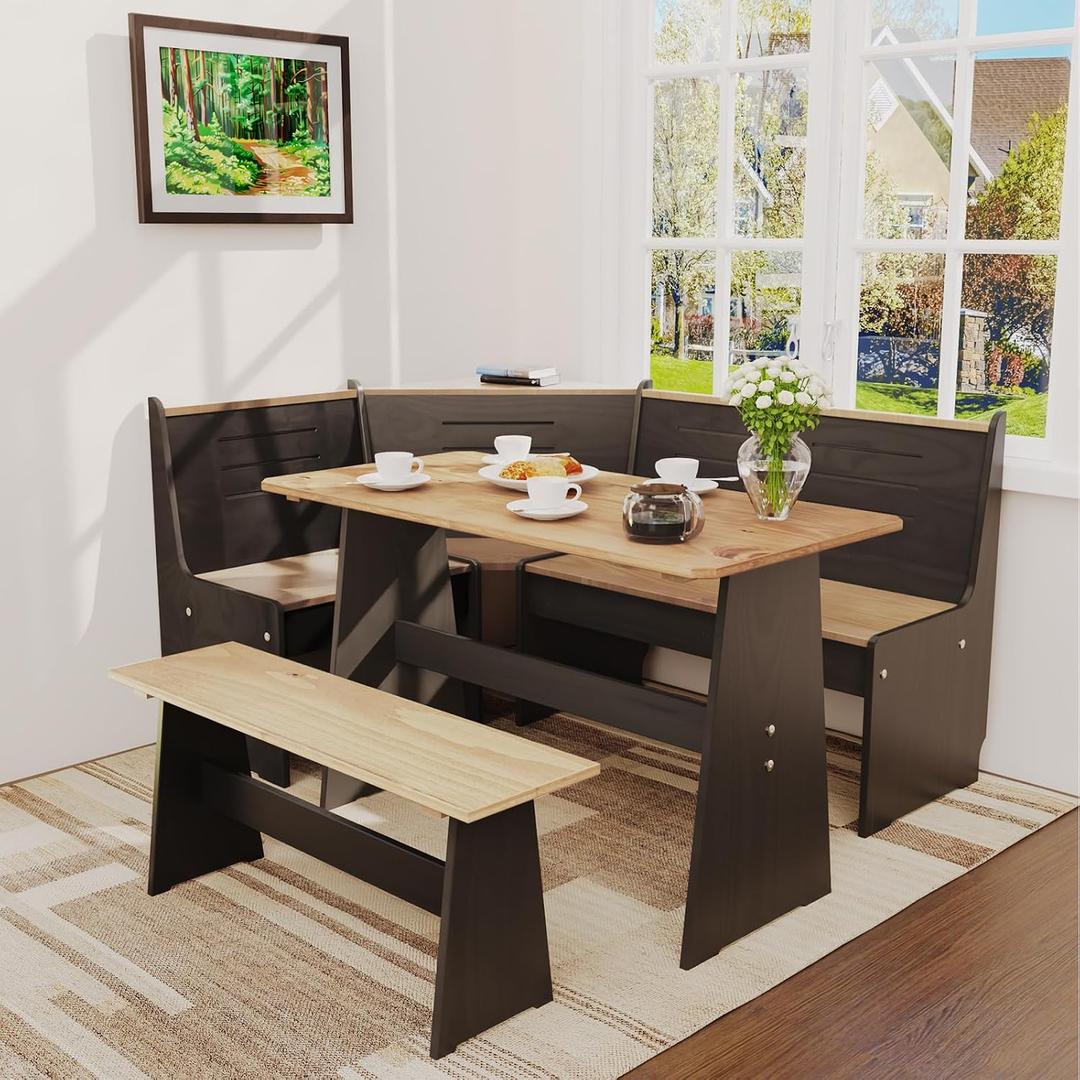 Space Saving Dining Table Set - L Shaped Corner Solid Wood Kitchen Breakfast Nook Table with Black Bench Seating for Apartment Small Space Seats 4-6
