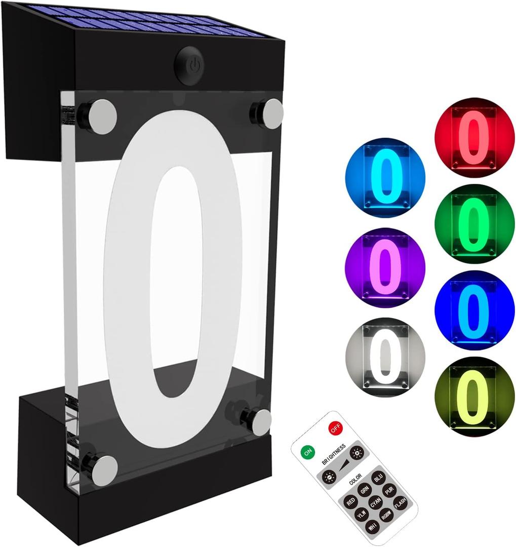 Acrylics Solar Address Sign, Led Illuminated Solar House Numbers for Outside, Waterproof RGBW Color Changing Remote Control, Lighted Modern Address Plaque Solar Powered for Yard Home (Digit 0)