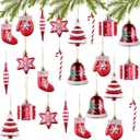 Leitee 24 Pcs Christmas Ornaments Set Christmas Tree Decorations Plastic Candy Cane Bell Hat Boots Gift Boxes Hanging Ornament Assortment Red Xmas Tree Ornament for Home Xmas Holiday Party Decor