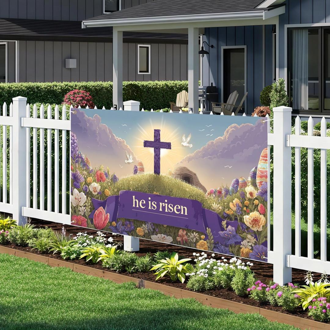 Happy Easter Bunny Rabbit Banner, Easter Eggs Flag Backdrop Spring Decorations Yard Sign for Party Supplies (he is risen, 118 x 35 inches)