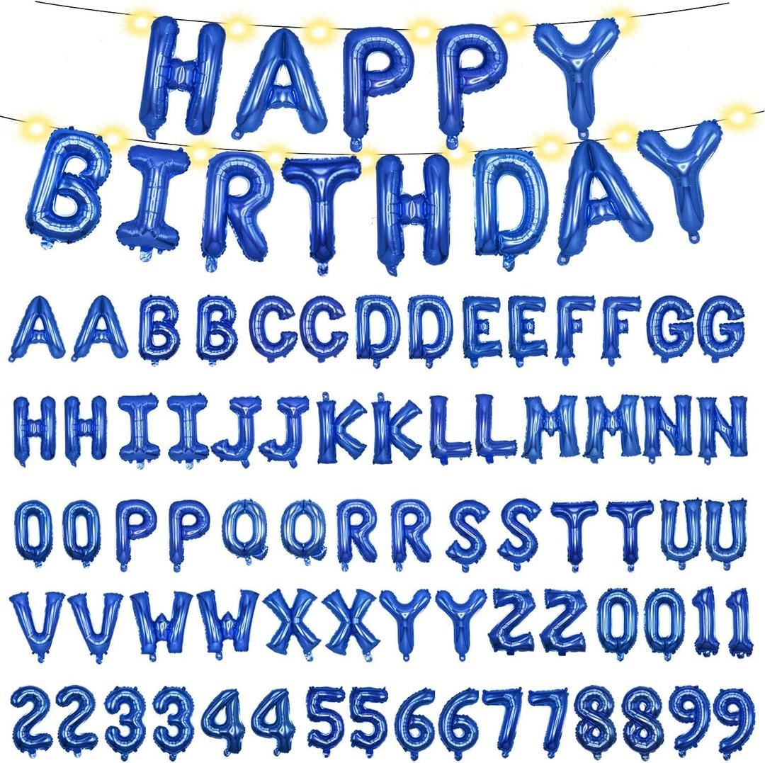 [85 PCS] 16" Foil Personalized Name Happy Birthday Balloons Letters, Mylar Aluminum Custom Name and Age Letter Balloons, 2 Sets A- Z & 0-9 for Birthday Party Graduation Wedding Holiday Event (Blue)