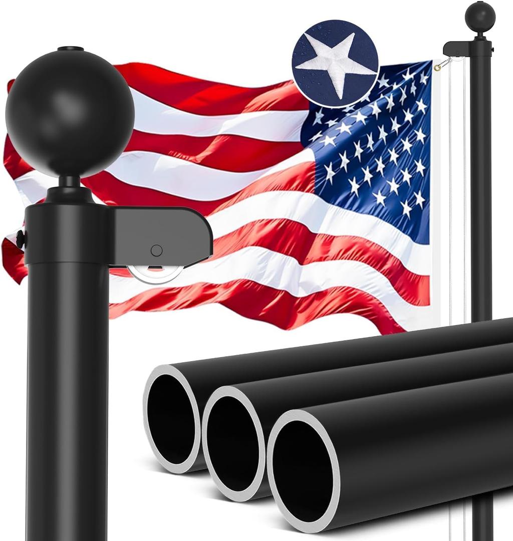 100 MPH Flagpole Kit 12 Gauge 2mm Thick, Flag Pole Hardware Black for Outside In Ground Use, with Flag, Pulley and Rope 25FT