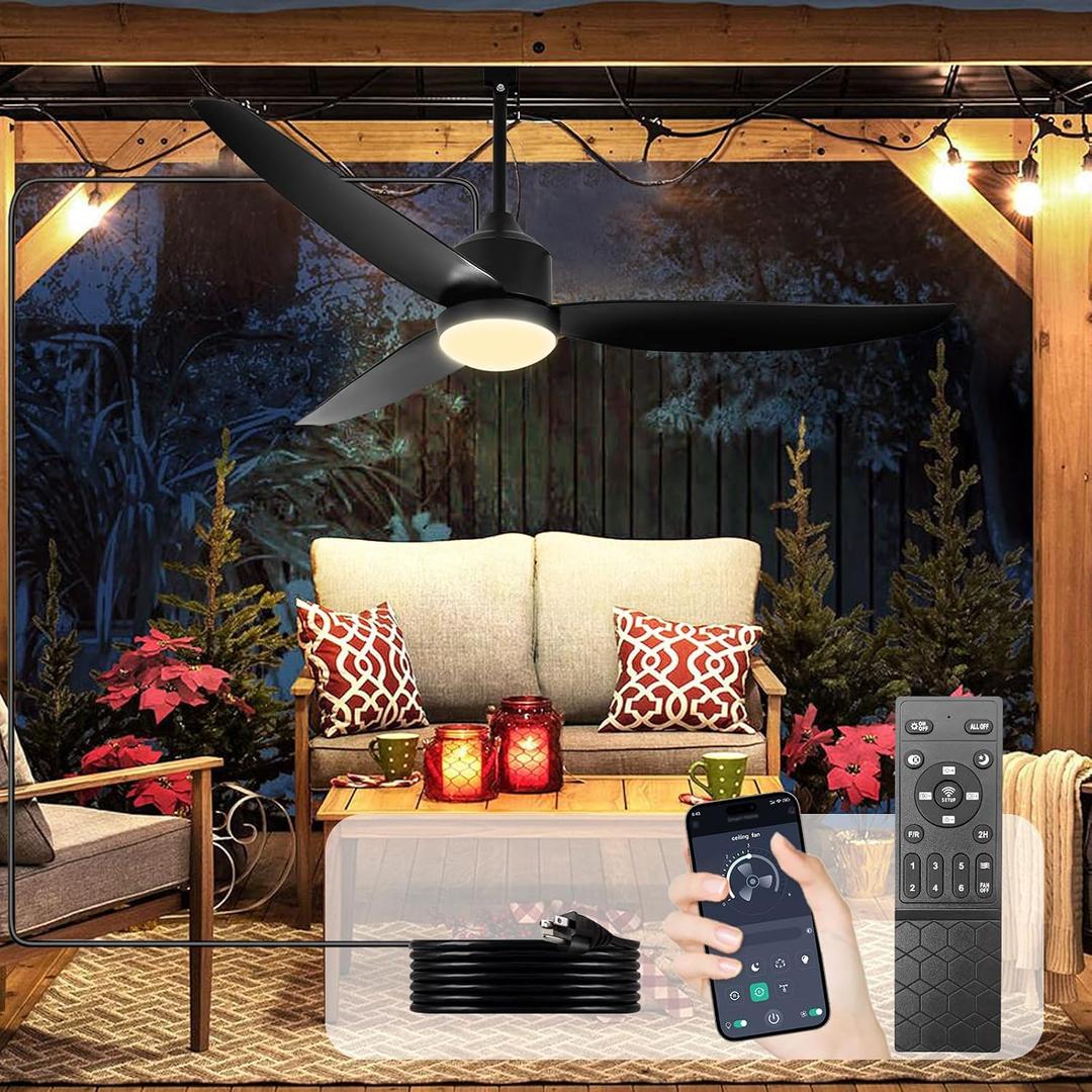 Outdoor Ceiling Fan with Light: 52" Black Hanging Fan for Gazebo Waterproof - Plug In Outdoor Fans for Patio Porch Pergola with APP Remote Control Reversible DC Motor