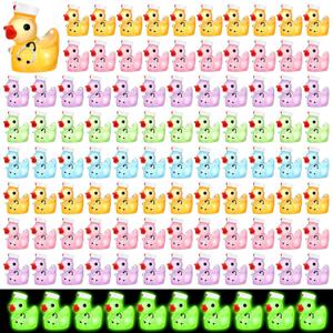 Gemscream 100 Pcs Mini Resin Ducks Luminous Summer Resin Ducks Figurines with Nurse Hat Glow in The Dark Tiny Animals Figures for Landscape Garden Potted Plants Party Decor