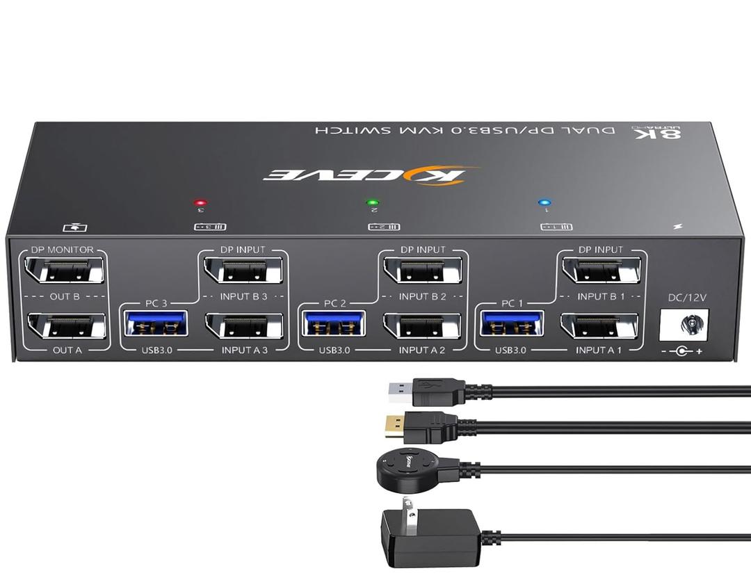 KCEVE KVM Switch 2 Monitors 3 Computers Displayport, USB 3.0 KVM Switch 3 Computer Sharing 2 Monitor and 4 USB 3.0 Devices, 4K@144Hz, Wired Remote(4K DP 3 in 2 Out KVM)
