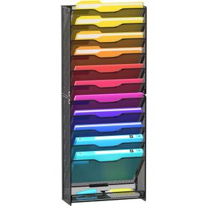 12 Tier Wall File Organizer, Mesh Letter Magazine Mail Wall File Holder Rack Hanging File Organizer With Flat Tray For Office Home, Black