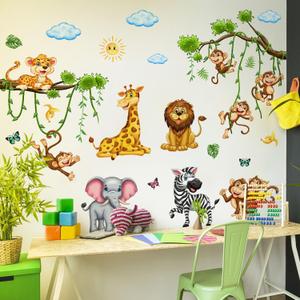 Cartoon Jungle Animal Wall Stickers, Colorful Butterfly Giraffe Elephant Peel and Stick Wall Decals, Baby Room Nursery Kids Bedroom Art Wall Decor (Jungle Animal Gathering)