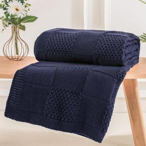 NEXHOME PRO Knit Throw Blanket,Classical Checkered Blanket for Couch,Cozy Warm Knitted Throw Blanket for Bed Sofa Living Room, Decorative Stretched Throw, Lightweigh,50"X 60"Navy Blue