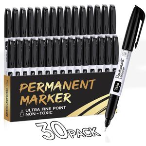 Permanent Markers Ultra Fine Tip, 30 Pack Black Quick-Drying and Fade-Resistant Permanent Markers Bulk Set for Writing and Drawing on Wood, Plastic, Metal, Glass, Ideal for Office School Supplies