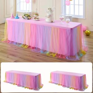 2 pk 8ft Rainbow Tulle Tablecloth for Rectangle Tables, 2-in-1 Pastel Color Table Covers with Tulle Skirt,Wrinkle Free Stretchy Ruffle Tulle Table Cloths Fitted for Wedding Party Banquet Vendor