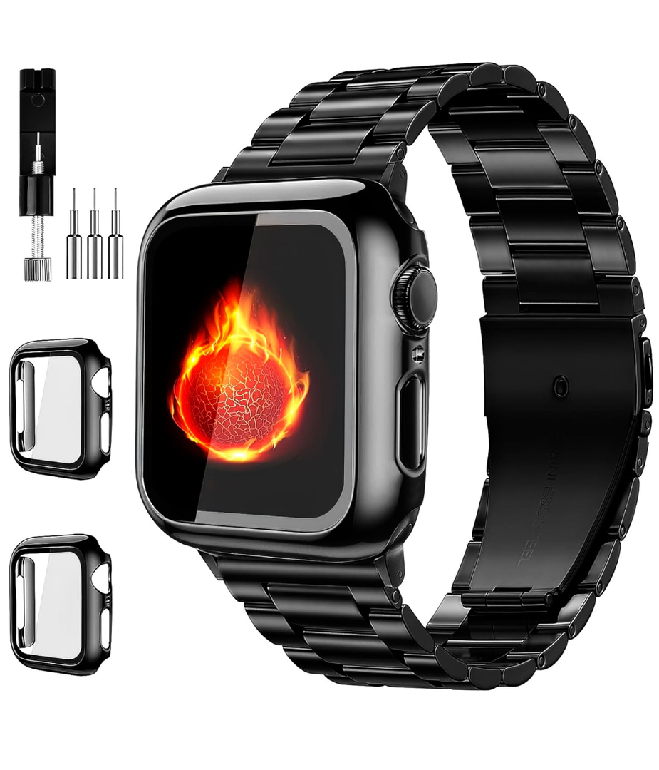 Compatible with Apple Watch Band 49mm 46mm 44mm 45mm 42mm 40mm 38mm 41mm, Stainless Steel iWatch Bands with 2 Pack Tempered Glass Screen Case for Series 10/9 Ultra 2 8/7/6/5/4/3/2/1/SE for Men