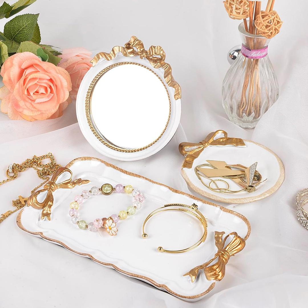 Perfume Tray Coquette Room Decor - 3 Pcs Decorative Jewelry Tray & Bow Makeup Mirror, Cute Jewelry Organizers, Aesthetic Anthropologie Hoom Decor for Room Bathroom Dorm, Vintage Gifts for Women, White