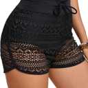 Women's Lace High Waisted Swim Shorts Boy Shorts Bathing Suit Bottoms Bikini Board Shorts Swimsuit (Black, XXL)