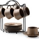 Espresso Cups Set, 4 Oz Porcelain Coffee Cups with Saucer and Metal Stand Small Cappuccino Cups Set of 6 Demitasse Cups for Espresso, Latte, Cafe Mocha, Cappuccino, and Tea, Brown