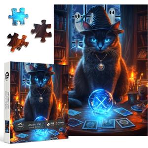 Halloween Puzzles for Adults 1000 PiecesPICKFORU Horror Cat Jigsaw Puzzles Ghost Tarot, Impossible Mysterious Kitten Theme as Home Wall Art