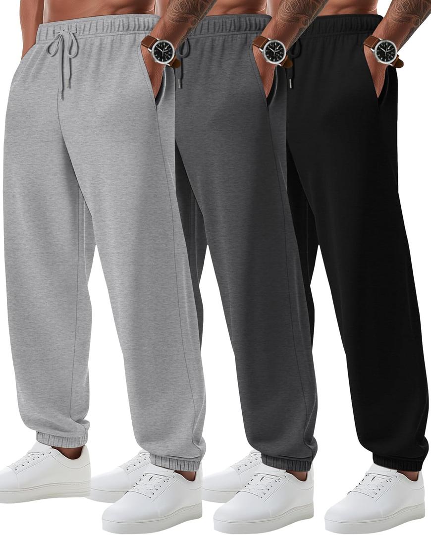 3 Pack Big and Tall Sweatpants for Men Athletic Workout Jogger Lounge Pants with Pockets and Drawstring (X-Large, Black,dark Grey,light Grey)