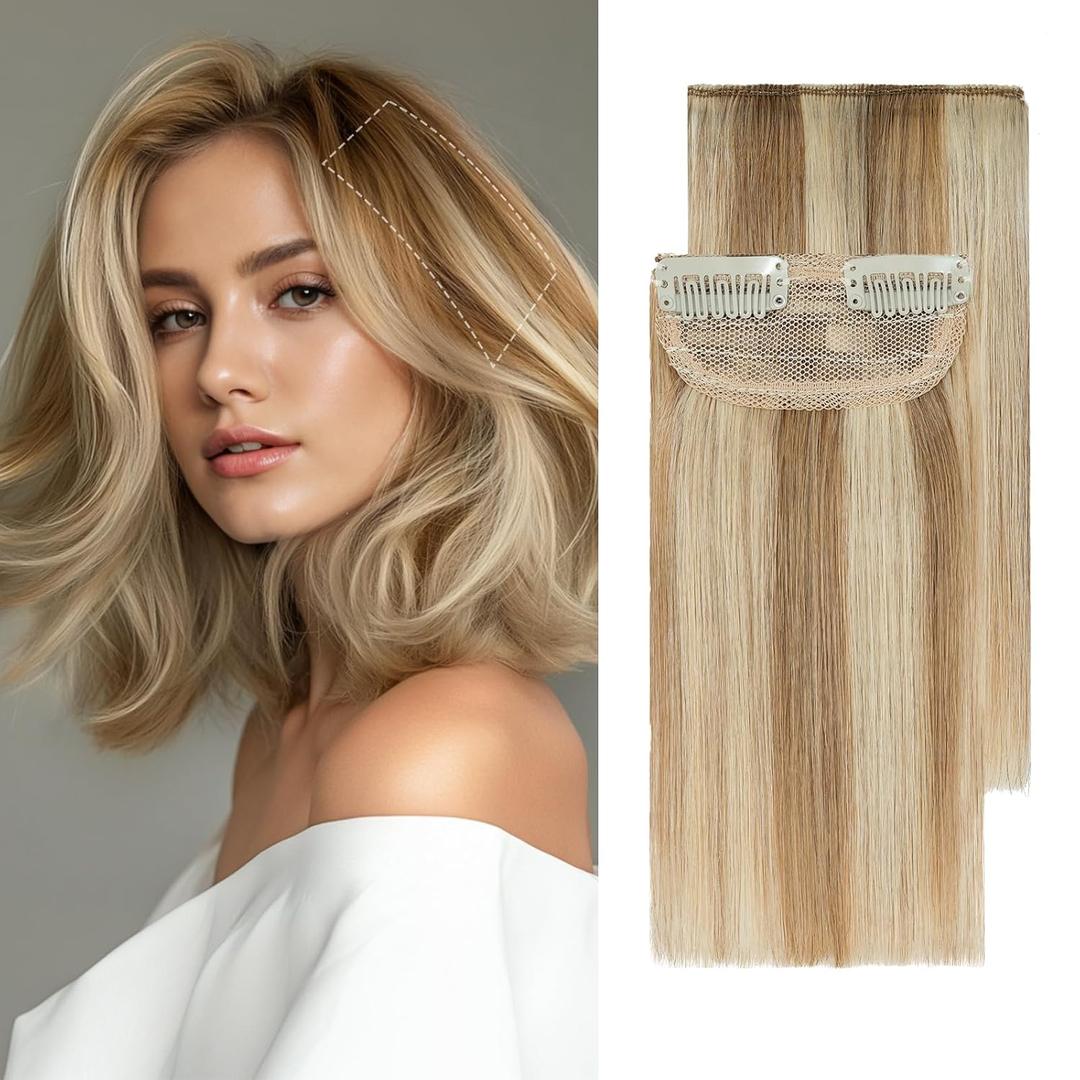 Clip in Hair Extensions Real Human Hair Short Extensions for Women Adding Volume 2 Pcs Invisible Clip on Hairpieces with Thinning 8 Inch Golden Brown & Bleach Blonde