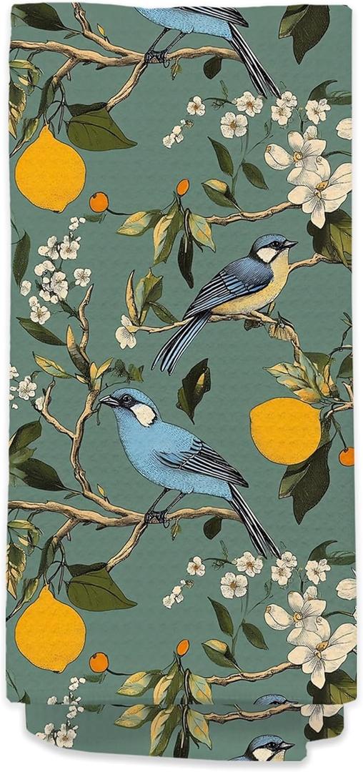 Hummingbird Spring Hand Towels for Bathroom, Sage Green Lemon Dish Tea Towels for Kitchen, Retro Cottagecore Botanical Floral Bathroom Hand Towels, Vintage French Flower Decorative Kitchen Towels