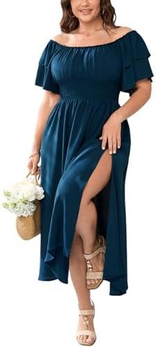 Plus Size Maxi Dress Off The Shoulder Ruffle Smocked Wedding Guest Cocktail Slit Hem Flowy Dresses for Curvy Women XXL
