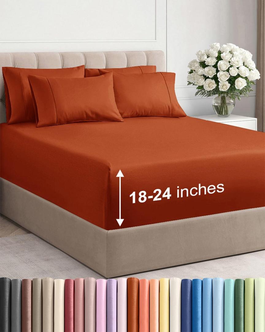 Extra Deep Queen Sheet Set - 6 Piece Breathable and Cooling Sheets - Hotel Luxury Bedding for Women, Men, Kids & Teens - Easy Secure Fit - Soft, Wrinkle Free & Comfy - Extra Deep Pockets - Terracotta