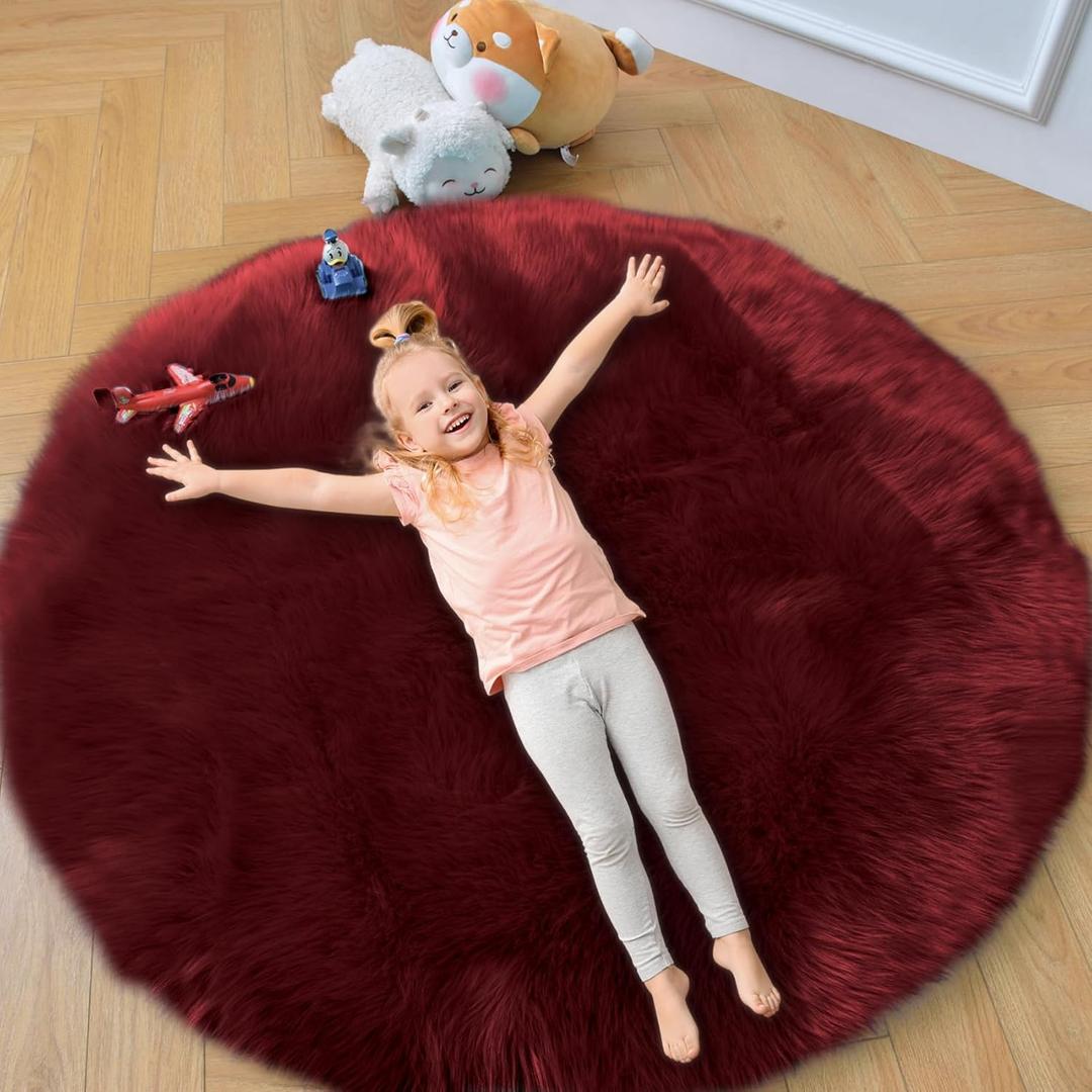 duduta Burgundy Faux Fur Round Rug 4x4 ft, Fluffy Shag Sheepskin Circle Rug for Nursery Bedroom Living Room Washable