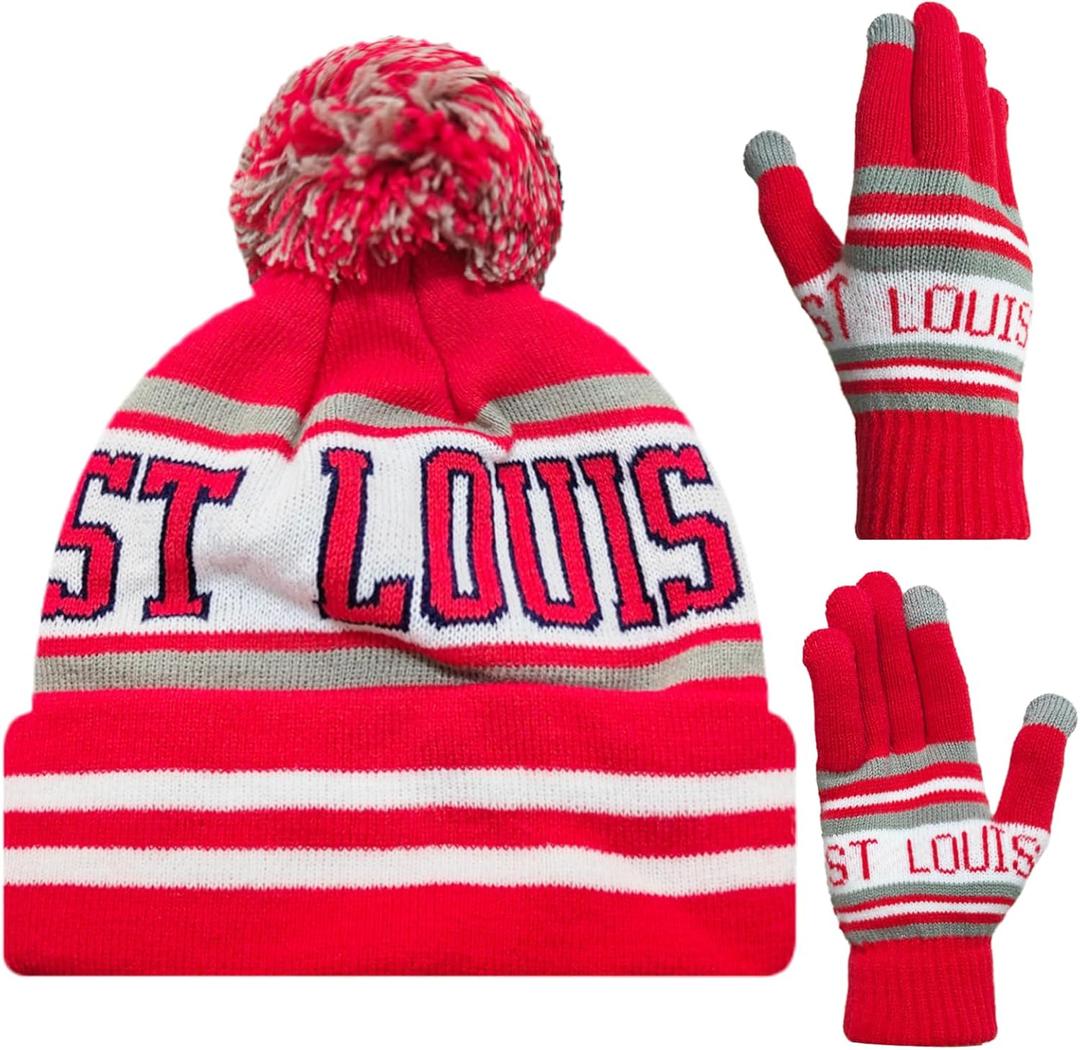 Vintage Classic Skull Cap Beanie Hat Cuffed Winter Hat Knit Comes with Warm Gloves Gifts for Unisex Fans (St Louis C)