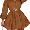 Uni Clau Womens Button Down Shirt Dress Long Sleeve A-Line Casual Puffy Short Mini Dress with Belt (XL, Brown)