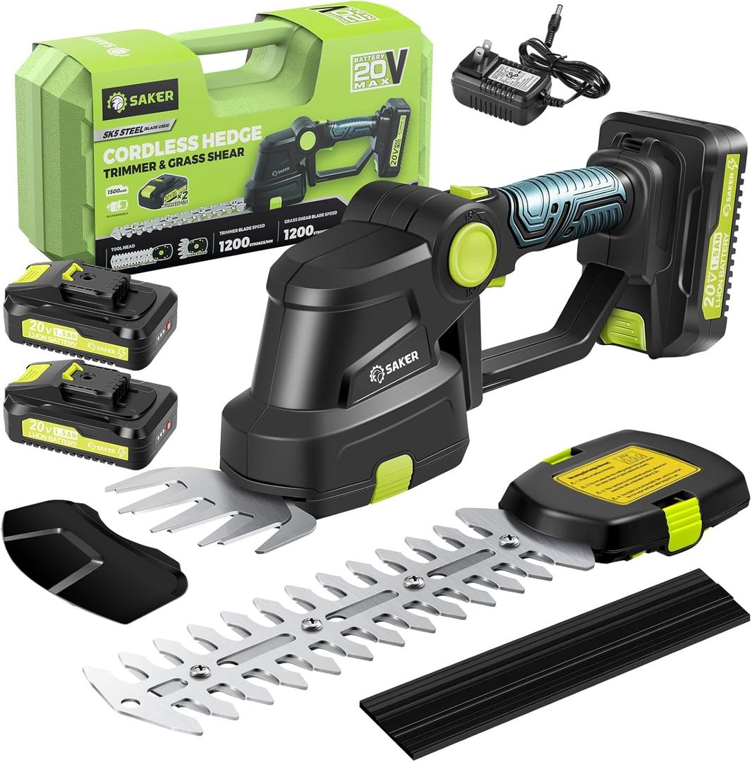 Saker Cordless Hedge Trimmer-20V Electric Shrub Trimmer Grass Shears Handheld Grass Cutter, Hedge Shear with 2 PCS Rechargeable Battery and Charger for Garden, Lawn