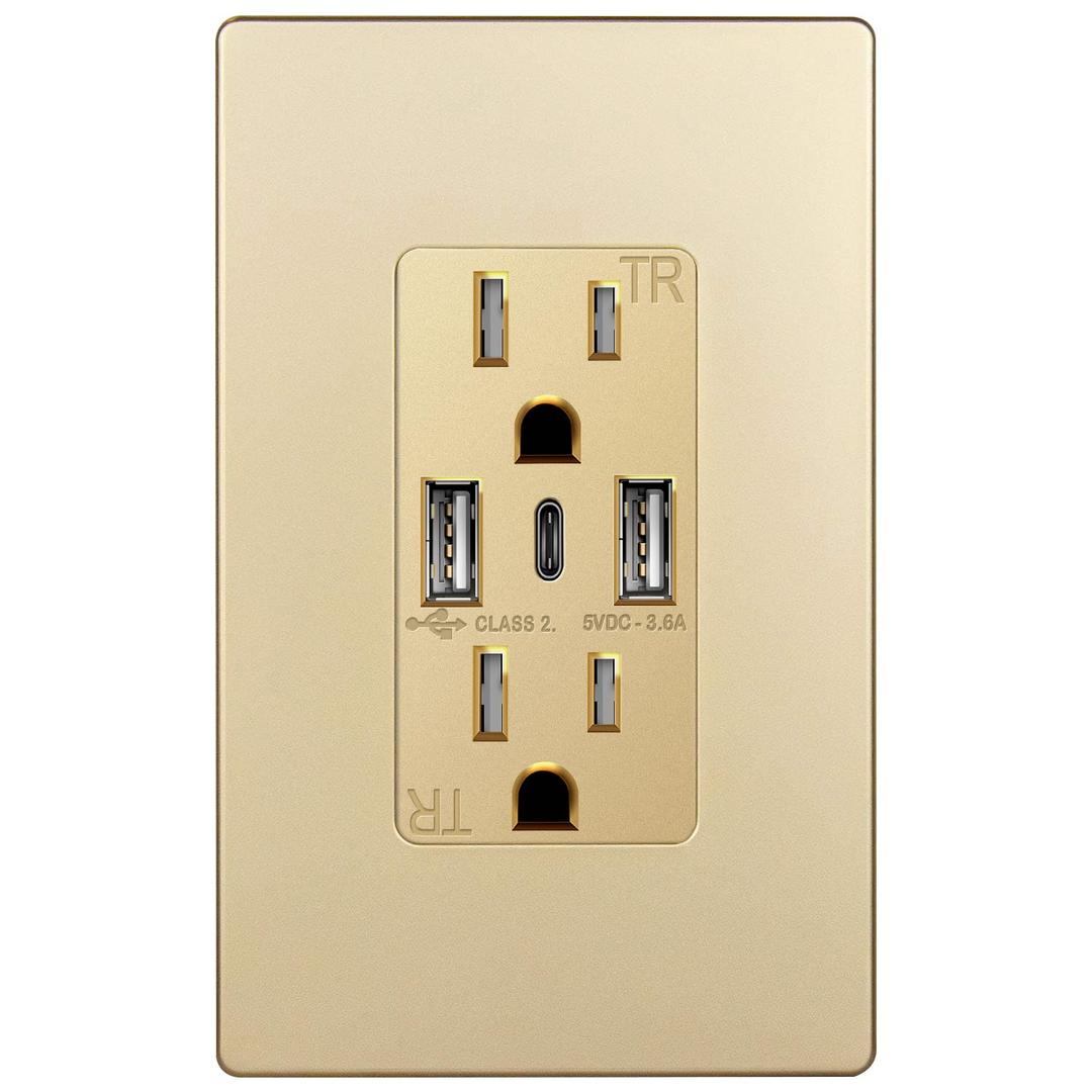 TOPGREENER USB Outlet, 3-Port Type C 3.6A 18W USB Wall Outlet, 15 Amp Tamper-Resistant Receptacle Plug, Charging Power Outlet with USB Ports, UL Listed, TU21536AC3-GD, Gold with Wall Plate
