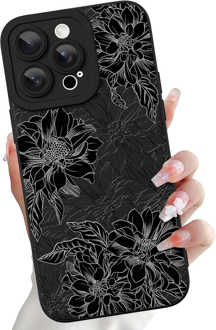 OOK Compatible with iPhone 14 Pro Max 6.7inch Case, Silicone Floral Flower Cute Pattern, Camera Protection Soft Slim Phone Cover for Girls Women -Black Flowers