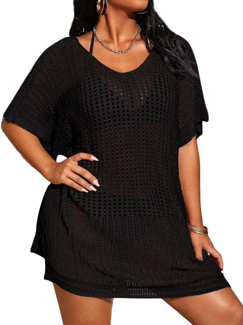 Women's Plus Size Suimsuit Cover Up Short Sleeve Hollow Out Swimwear Bathing suit (XX-Large, Black)