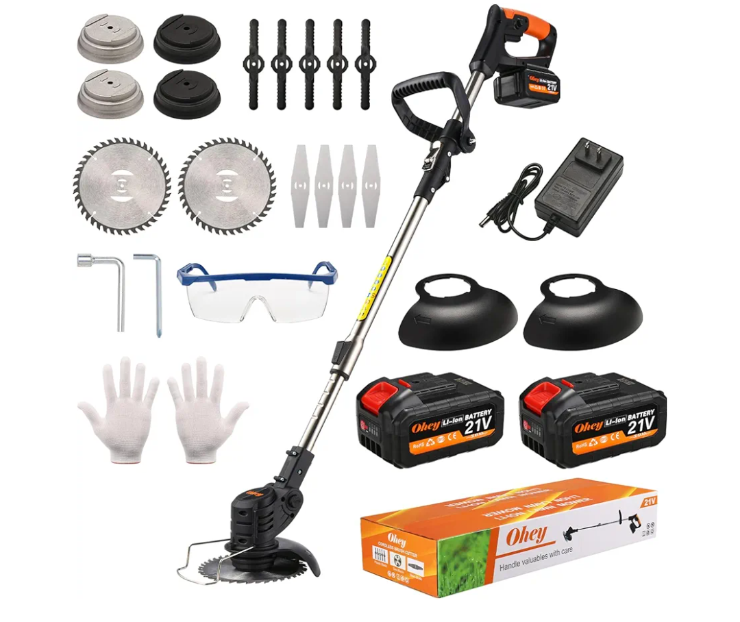 Cordless Weed Wacker, Ohey Electric Brush Cutter, Adjustable Pole Length Weed Eater, Foldable & Lightweight, 3 Blade Types, Battery-Powered Cordless Weed Eater for Lawn, Garden, Yard Work