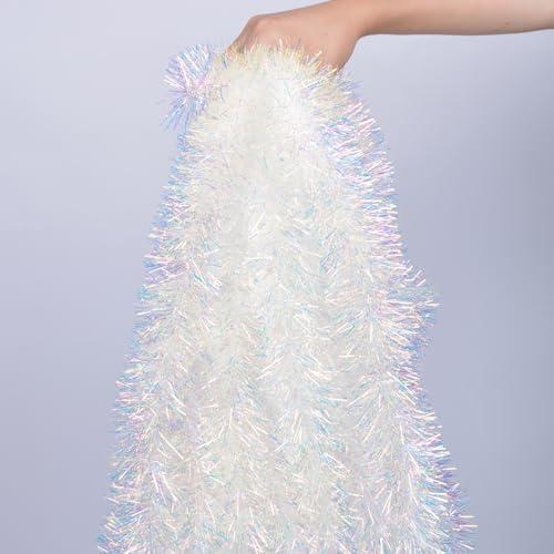 YUKL Iridescent White Christmas Tinsel Garland 49.2Feet Christmas Garland Xmas Tree Decoration Xmas Garland for Twist Hanging Ceiling Indoor Outdoor Christmas Tree Decorations