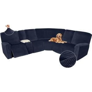 Arfntevss Sectional Recliner Couch Covers Velvet Washable Corner Sectional Sofa Cover for Reclining Stretch Soft Thick L Shape Recliner Slipcover Set (5 Seat with 1 Console Cover, Dark Blue)