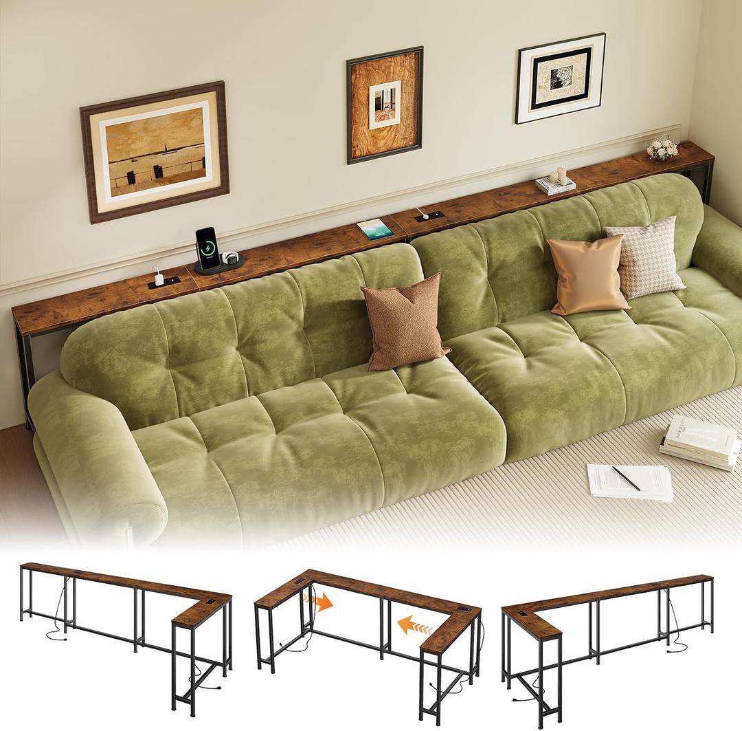110.2" Narrow Adjustable Console Table with 2 Outlets, 39.3"-51.2" Adjustable Length U Shaped Table Behind Couch, 4 Assembly Options, Extra-Long L Shaped Entryway Tables for Living Room,, 110.2" x 5.9" x 29.5"