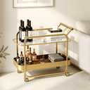 Tempered Glass Bar Cart with Wine Bottle Grid, 10mm Clear Glass Shelf, Rolling Drink Cart with Metal Frame, Glass Top & Wood Shelf, Wood Handle, Locking Wheels, Gold