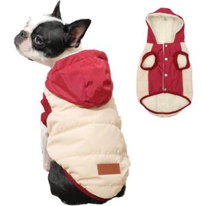 Fleece Lining Extra Warm Dog Hoodie in Winter for Small Dogs Jacket Puppy Coats with Hooded,Beige and Red M (Medium (Pack of 1))