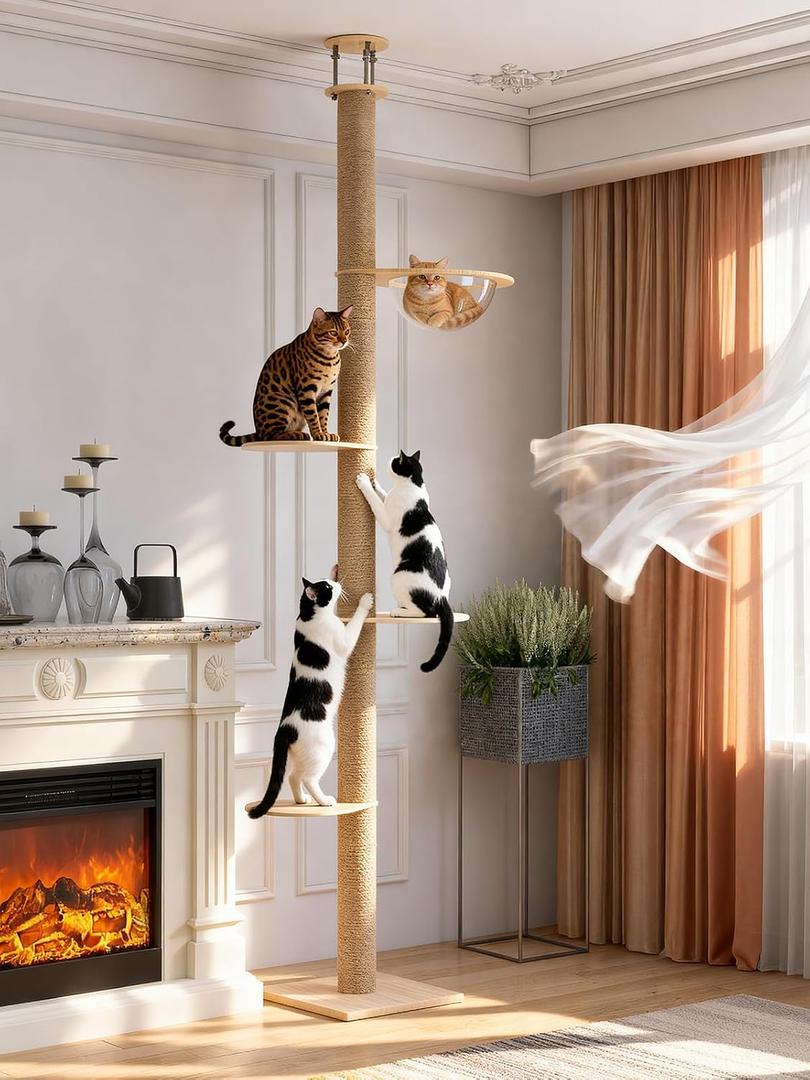 YOCAN Floor to Ceiling Cat Tree, Height Adjustable 90.5110" Tall Cat Tower, Tension Mounted Vertical Cat Climbing Pole for Indoor Cats, Heavy-Duty Space-Saving Cat Furniture
