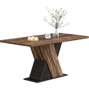 LITTLE TREE 55-Inch Dining Table for 6, Wooden Rectangle Kitchen Table, Large Dining Room Tables, Industrial Dinner Table with Heavy Duty Pedestal, Rustic Brown