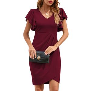 IHOT Women's V Neck Ruffle Sleeve Bodycon Sheath Wrap Ruched Casual Cocktail Party Work Dresses (Large, Burgundy)