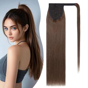 S-noilite Wrap Around Ponytail Extension Human Hair #4 Medium Brown Ponytail Extensions Real Remy Hair 16inch Long Straight Clip in Human Hair Ponytail 80Grams