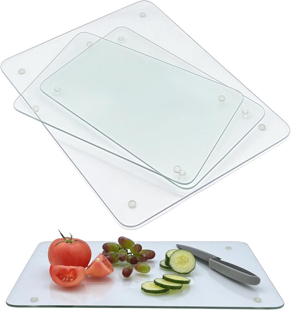 Set of 4 Tempered Glass Cutting Boards for Kitchen, Clear Chopping Board with Non-slip Rubber Feet for Countertop, Rectangle Chopping Block Long Lasting Shatter-Resistant Heat-Resistant, 2 Size