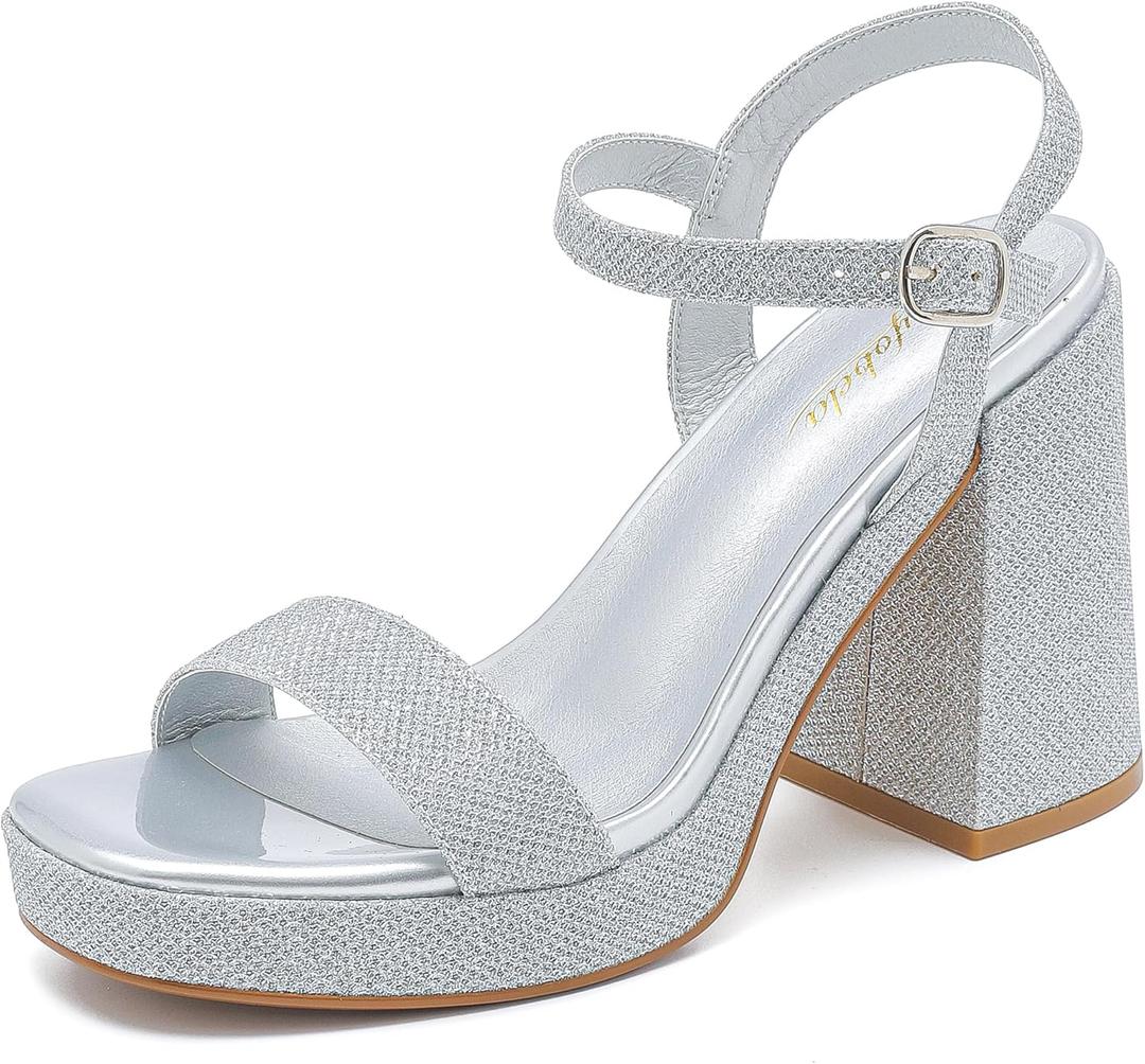 Platform Sandals Women Fashion Block Chunky Heeled Sandals Open Toe High Heels Evening Wedding Party Prom Dance Summer Ankle Strap Dress Shoes (5.5, Glitter Silver)