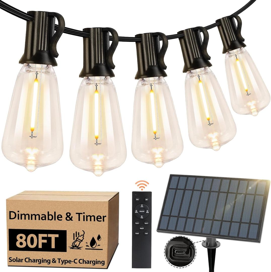 Bosceos Solar Outdoor String Lights Waterproof, 80FT Solar Powered String Lights for Outside with Shatterproof Bulbs, Dimmable ST38 LED Lights String, Patio Hanging Lights for Backyard Garden Party