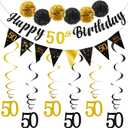 TOBATOBA 50th Birthday Decorations Kit for Men Women, Black Gold Happy 50th Birthday Banner, Triangle Flag Banner 50th Birthday Party Decorations, 50 Year Old Birthday Party Supplies