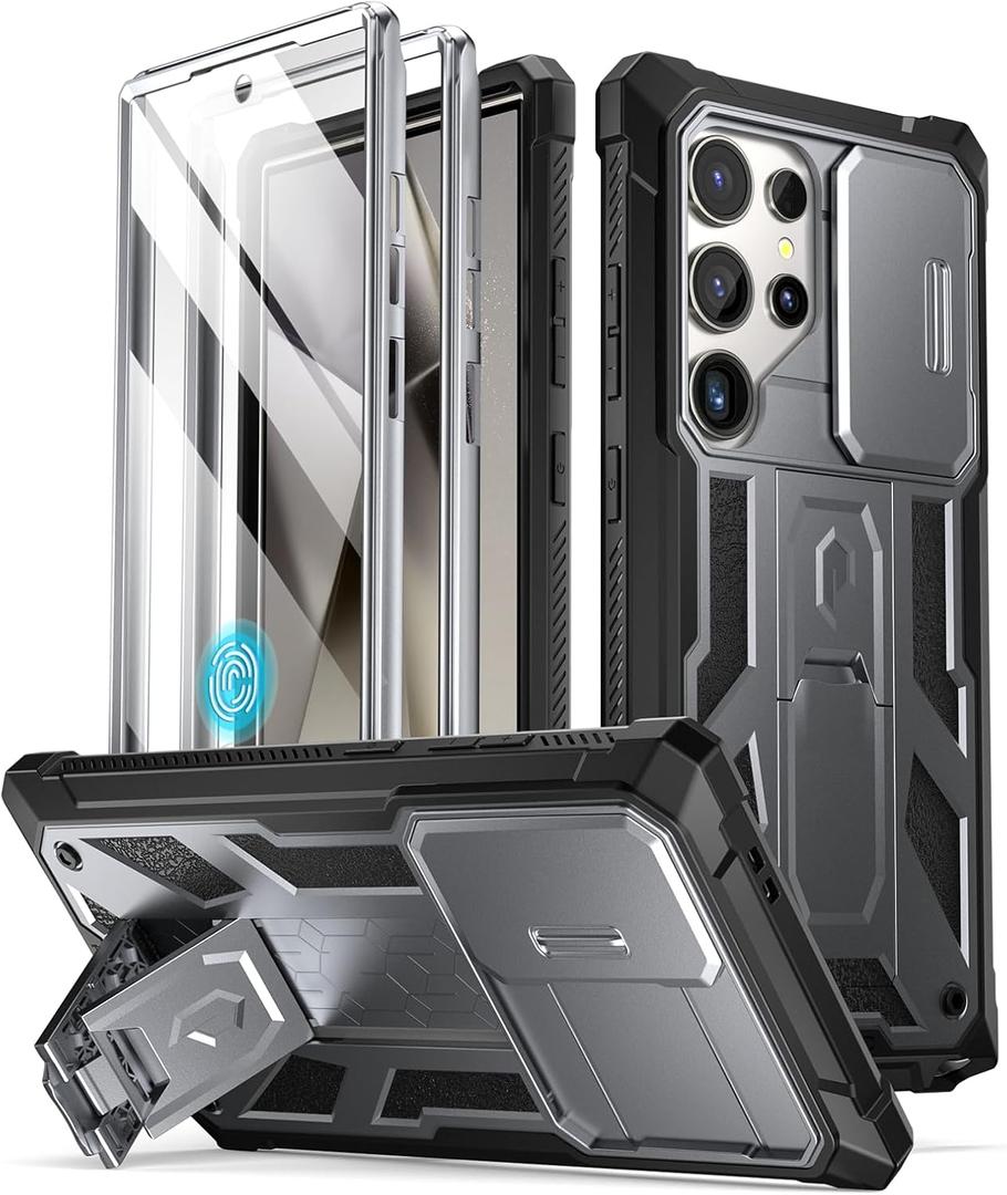 Poetic Spartan Case for Galaxy S24 Ultra 6.8", [Slide Camera Cover] [Screen Protector Works with Fingerprint ID]Military Grade Rugged Shockproof S24 Ultra Phone Case with Kickstand, Metallic Gun Metal