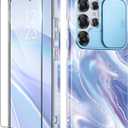 GVIEWIN for Samsung Galaxy S25 Ultra Case with Slide Camera Cover, [Screen Protector] [Shockproof Military Grade Drop Protection] Marble Slim Fit Hard PC Phone Cover S25 Ultra 6.9" 2025 (Aurora) (Aurora/Azure Blue)